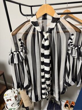 Givenchy Striped Tie-Neck Chiffon Blouse - Black & White